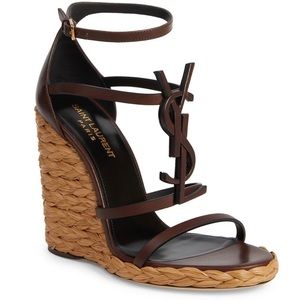 Saint Laurent
Cassandra Strappy Leather Logo Raffia Wedges